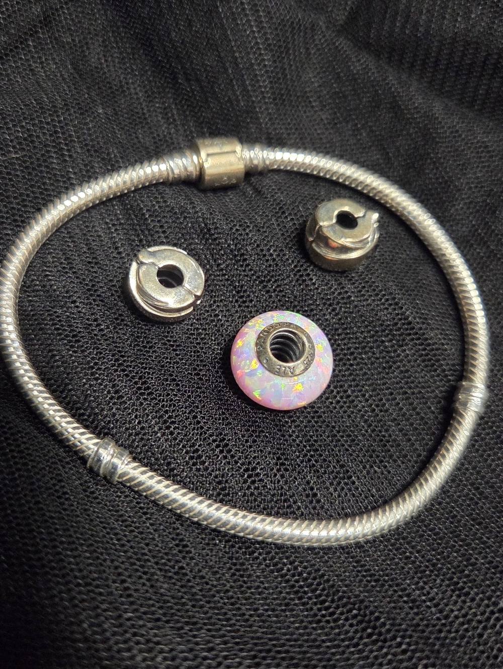 Pandora Bracelet With Two Clips And One Pink Opal Bead